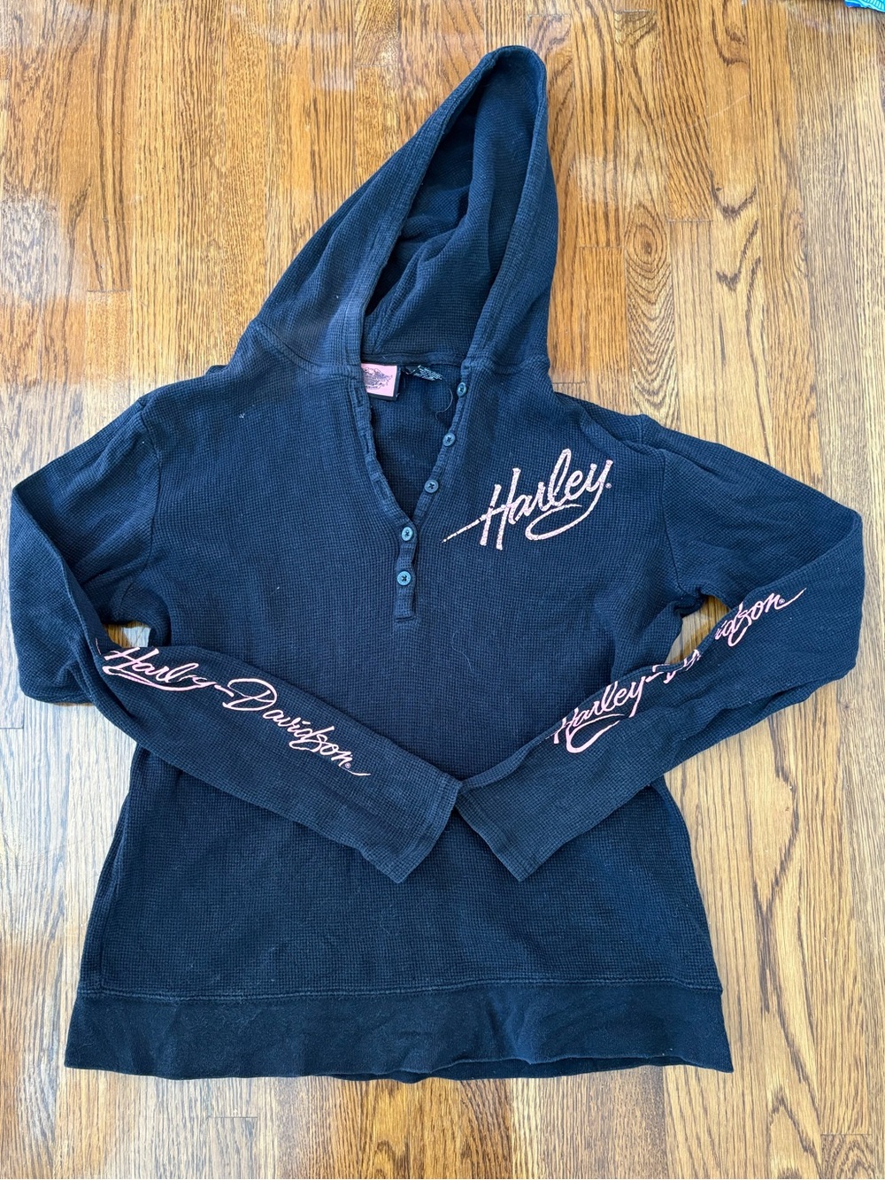 Vintage Y2K Harley-Davidson Black Hoodie Thermal with Pink Rhinestone Script